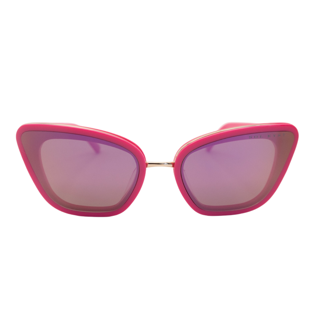 Front view of Sol Kyst cat eye sunglasses featuring bold pink acetate frames, and reflective nylon lenses.