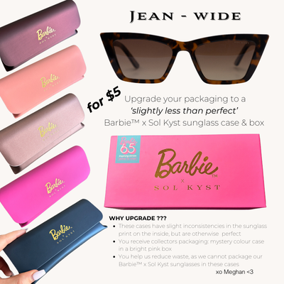 Tortoise trapezoid sunglasses labeled 'Jean - wide' with Barbie™ x Sol Kyst packaging options, including colorful sunglass cases and a pink collector's box, promoting a $5 packaging upgrade.