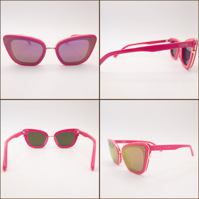 Four angles of cat eye sunglasses, highlighting the pink acetate frames, purple-tinted lenses, and gold Sol Kyst branding.