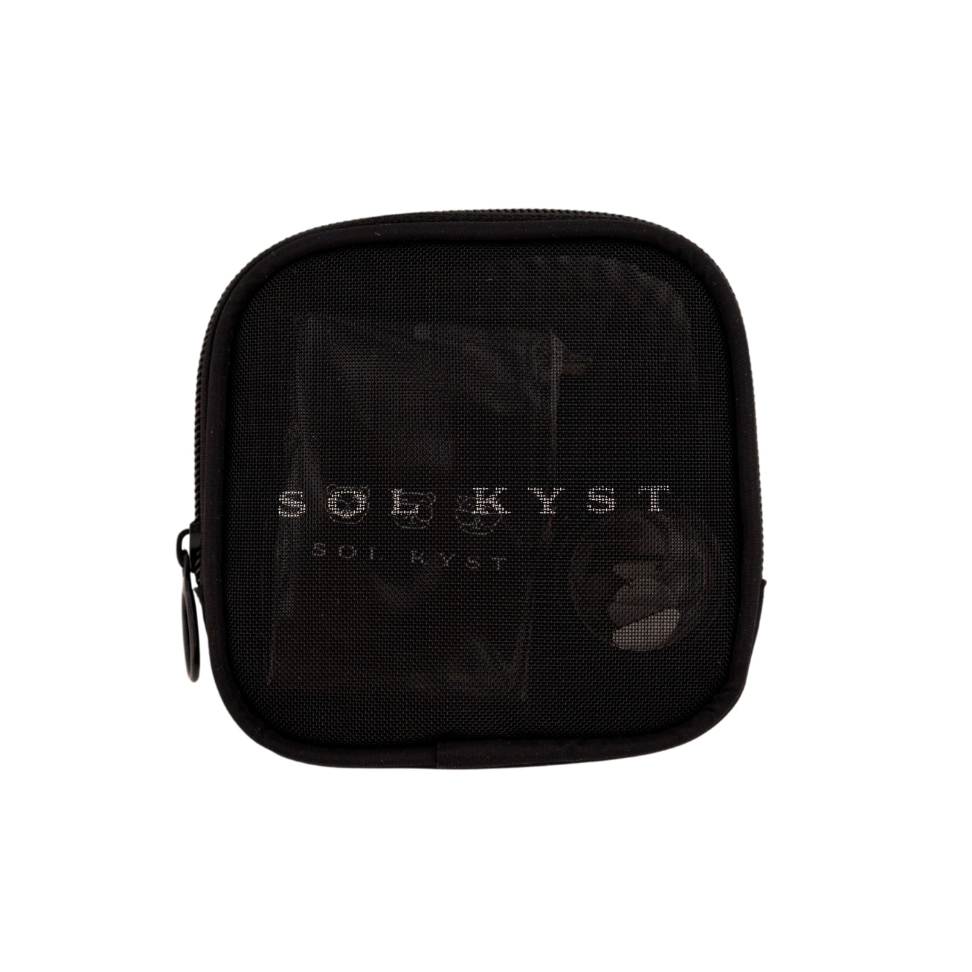 Front view of Sol Kyst "Kyst Kit" - small black mesh bag for holding sunglasses accessories.